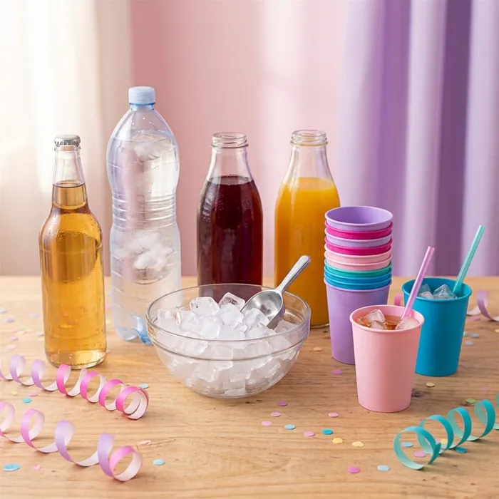 Botellas de gaseosa, agua y jugo con vasos de colores y hielo