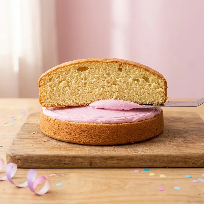 Bizcochuelo esponjoso cortado al medio y relleno con crema rosa