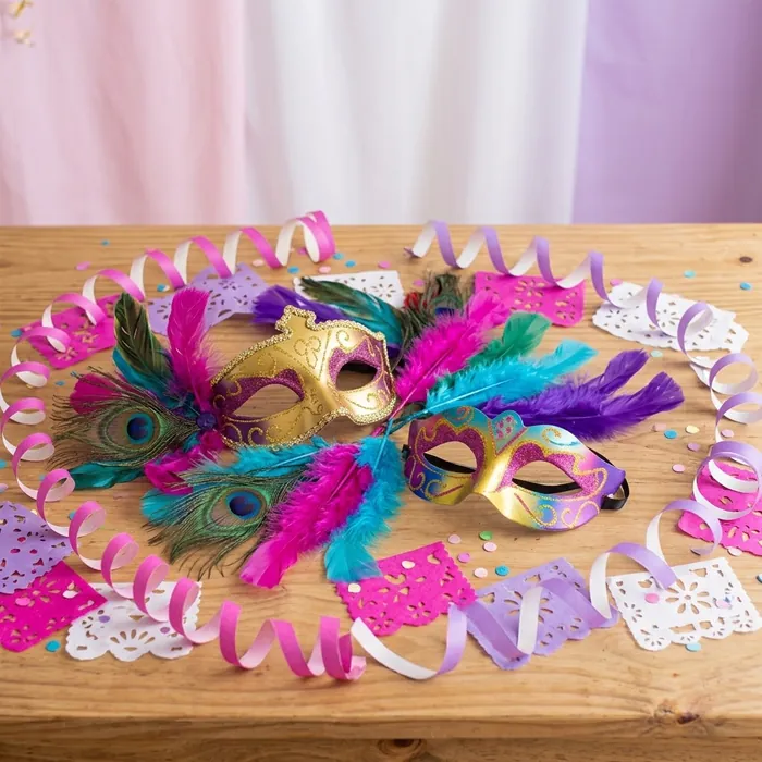 Decoración de carnaval: máscaras venecianas, plumas, serpentinas y papel picado