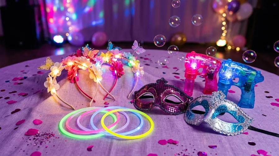 Cotillón luminoso para fiesta de 15: vinchas con luces, pulseras flúor, antifaces y pistolas de burbujas