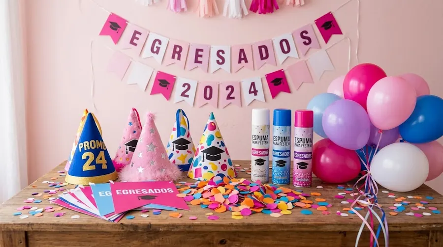 Cotillón para egresados con gorros, banderines, espuma, papel picado y globos