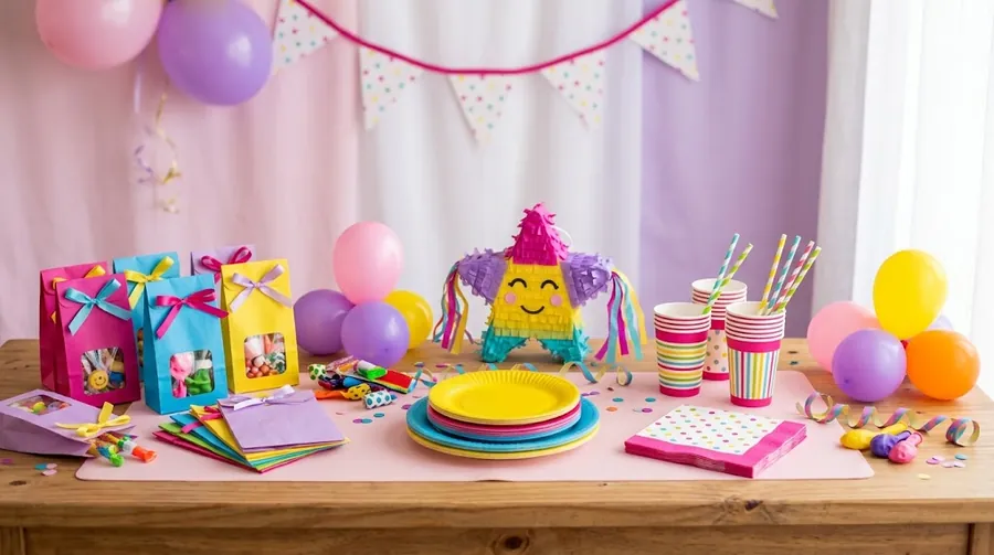 Kit de cumpleaños infantil con bolsitas de sorpresitas, piñata estrella, platos, vasos y globos