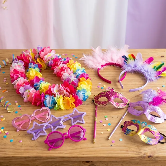 Cotillón carioca: collar hawaiano, vinchas con plumas, anteojos divertidos y antifaces