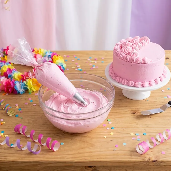 Bowl con crema rosa y manga pastelera junto a una torta decorada