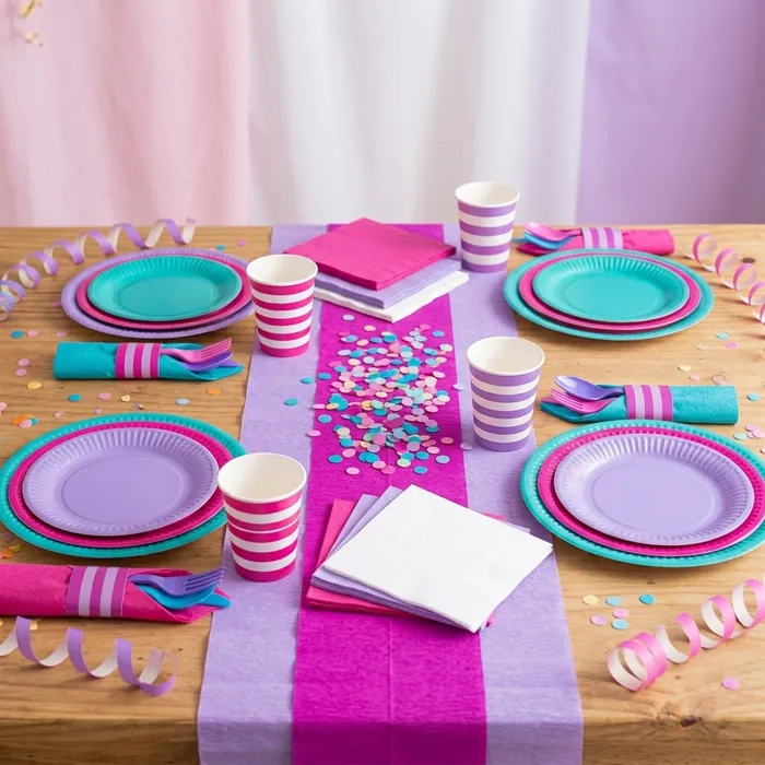 Mesa con platos, vasos, servilletas y camino de mesa descartables en fucsia, lila y turquesa