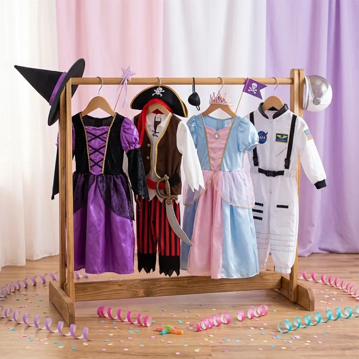 Perchero con disfraces infantiles de bruja, pirata, princesa y astronauta