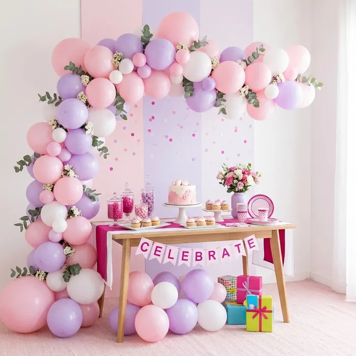 Arco de globos rosa, lila y blanco decorando una mesa dulce