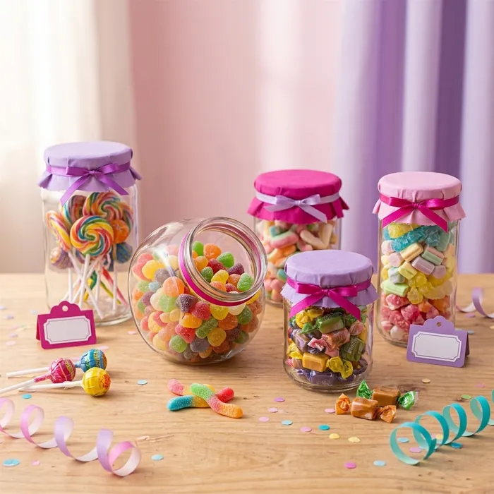 Frascos de vidrio con chupetines, gomitas y caramelos de colores para candy bar