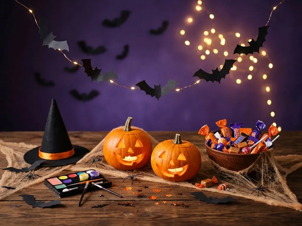 Kit de Halloween con calabazas iluminadas, sombrero de bruja, murciélagos de papel, maquillaje y caramelos