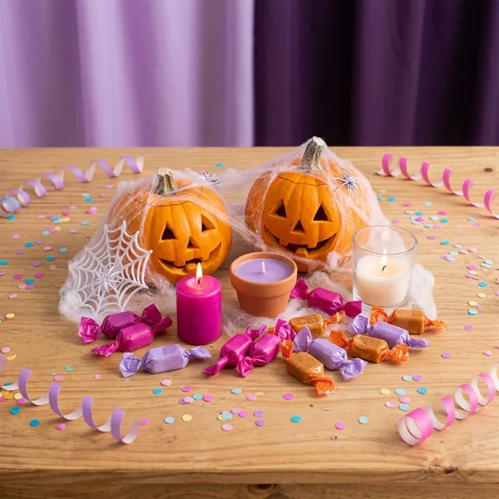 Kit de Halloween con calabazas, telarañas, velas y caramelos en fucsia, lila y naranja