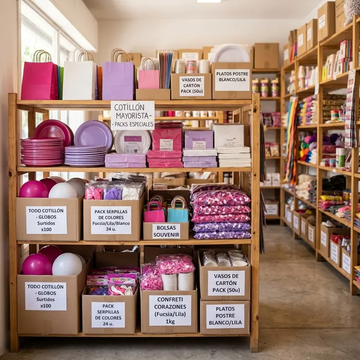 Estanterías con cajas y packs de cotillón, globos y descartables para venta mayorista
