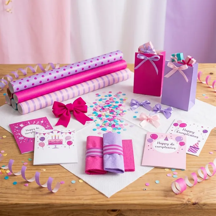 Rollos de papel de regalo, bolsitas, moños y tarjetas de cumpleaños en rosa y lila