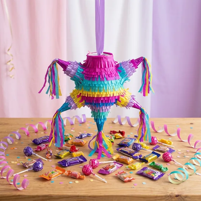 Piñata estrella de colores colgando, con golosinas alrededor