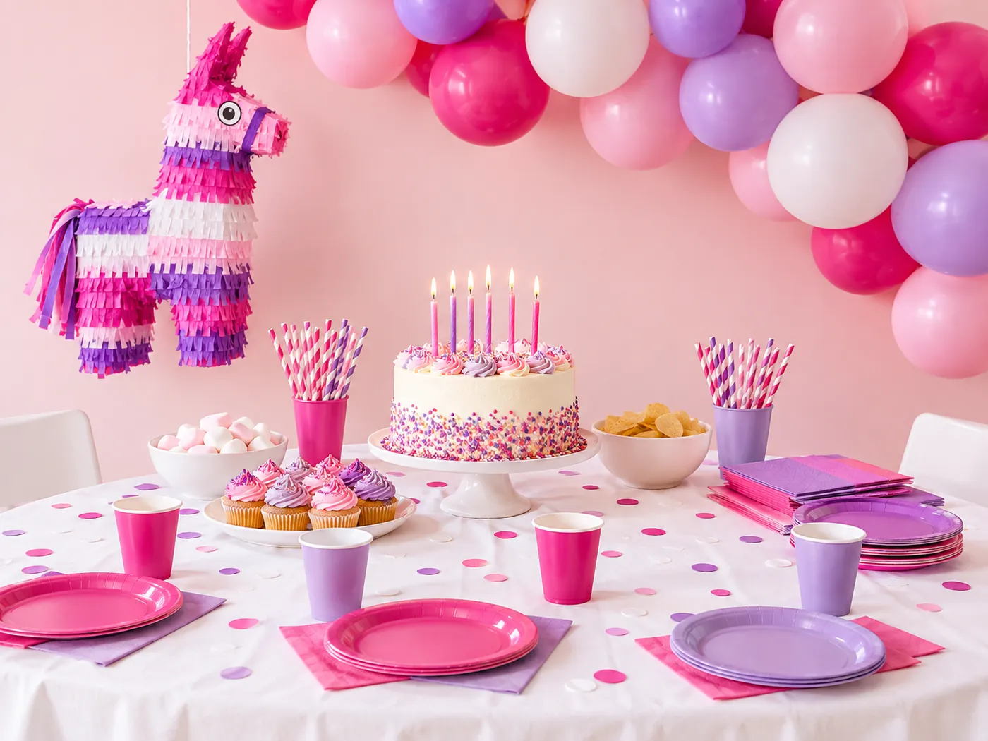 Mesa de cumpleaños decorada en fucsia y lila con torta, piñata y guirnalda de globos