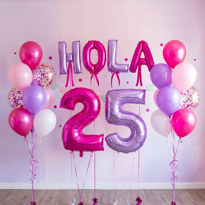 Set de globos metalizados con letras y números en fucsia y lila