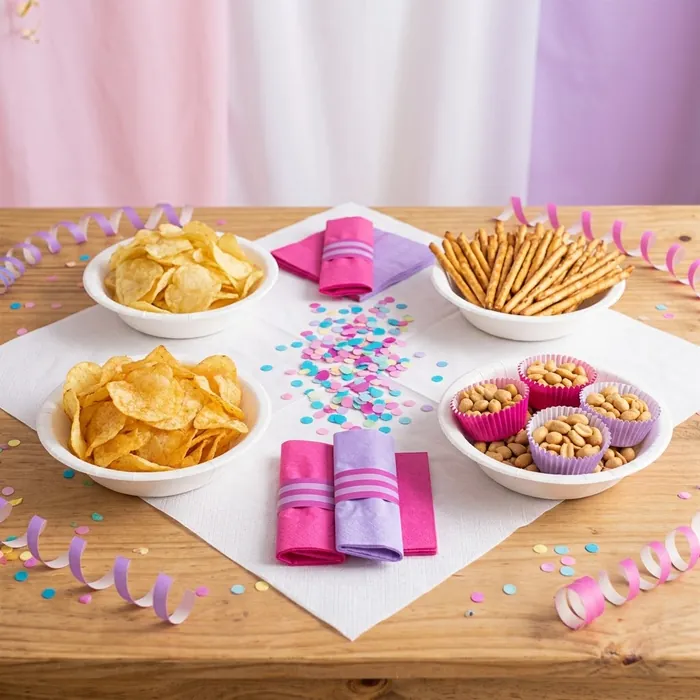Bowls con papas fritas, palitos y maní sobre una mesa de fiesta