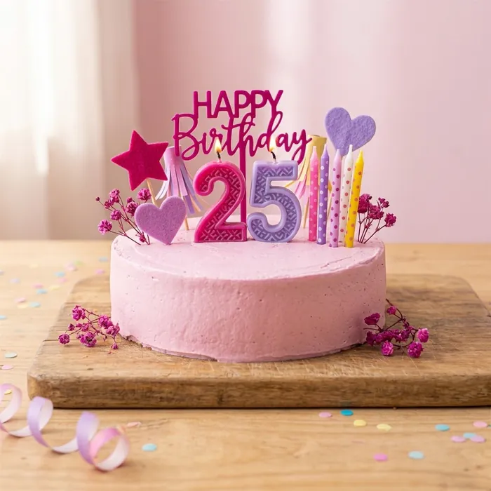 Torta rosa con velas de números, velitas de colores y toppers decorativos